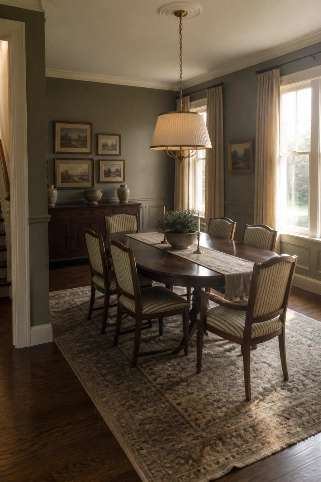 A dining room with muted gray-green walls and dark wood furniture.