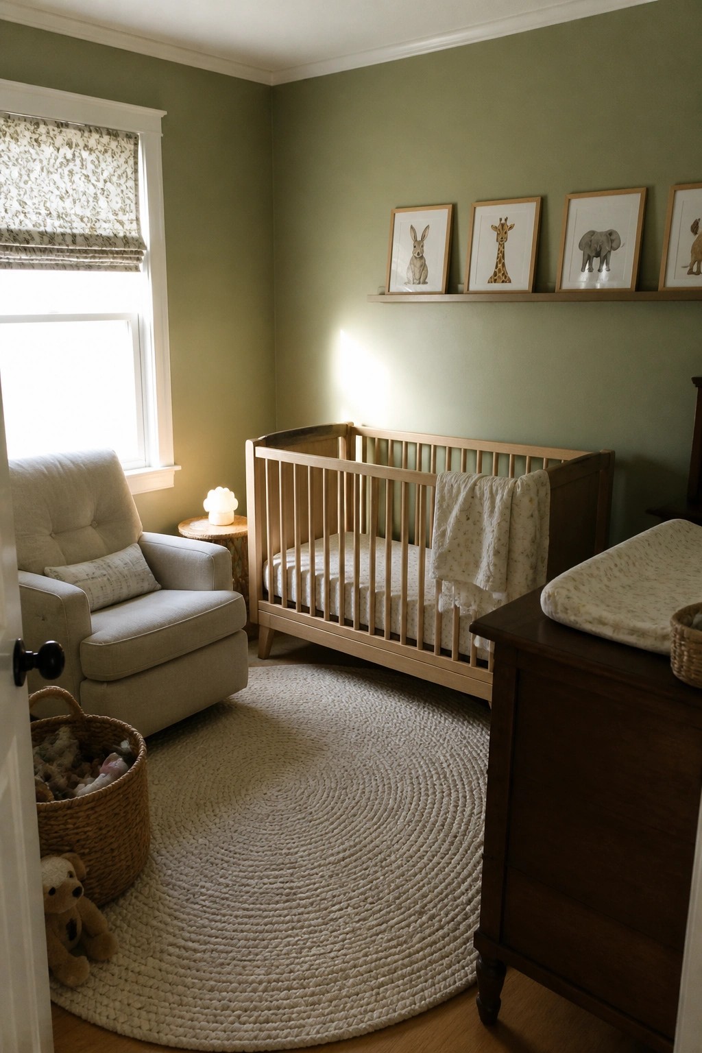 Cozy sage green nursery with wooden crib, animal art, round rug, and beige armchair