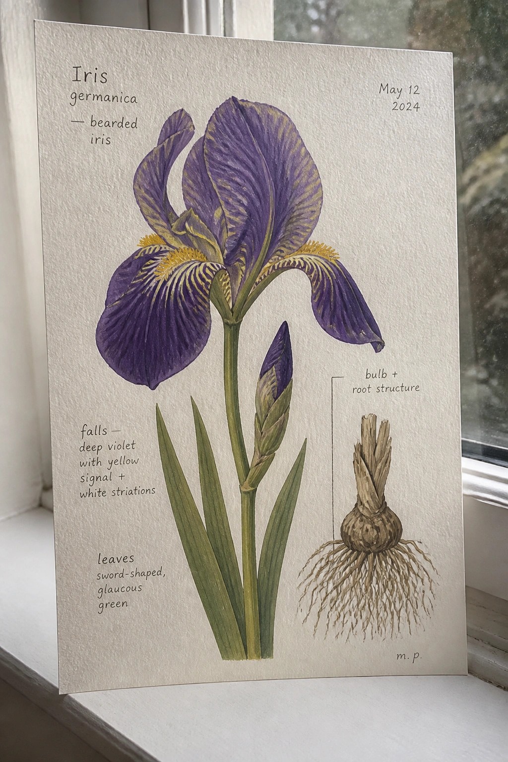 A detailed botanical illustration of a purple bearded iris with leaves, bud, and bulb with roots, plus handwritten labels.