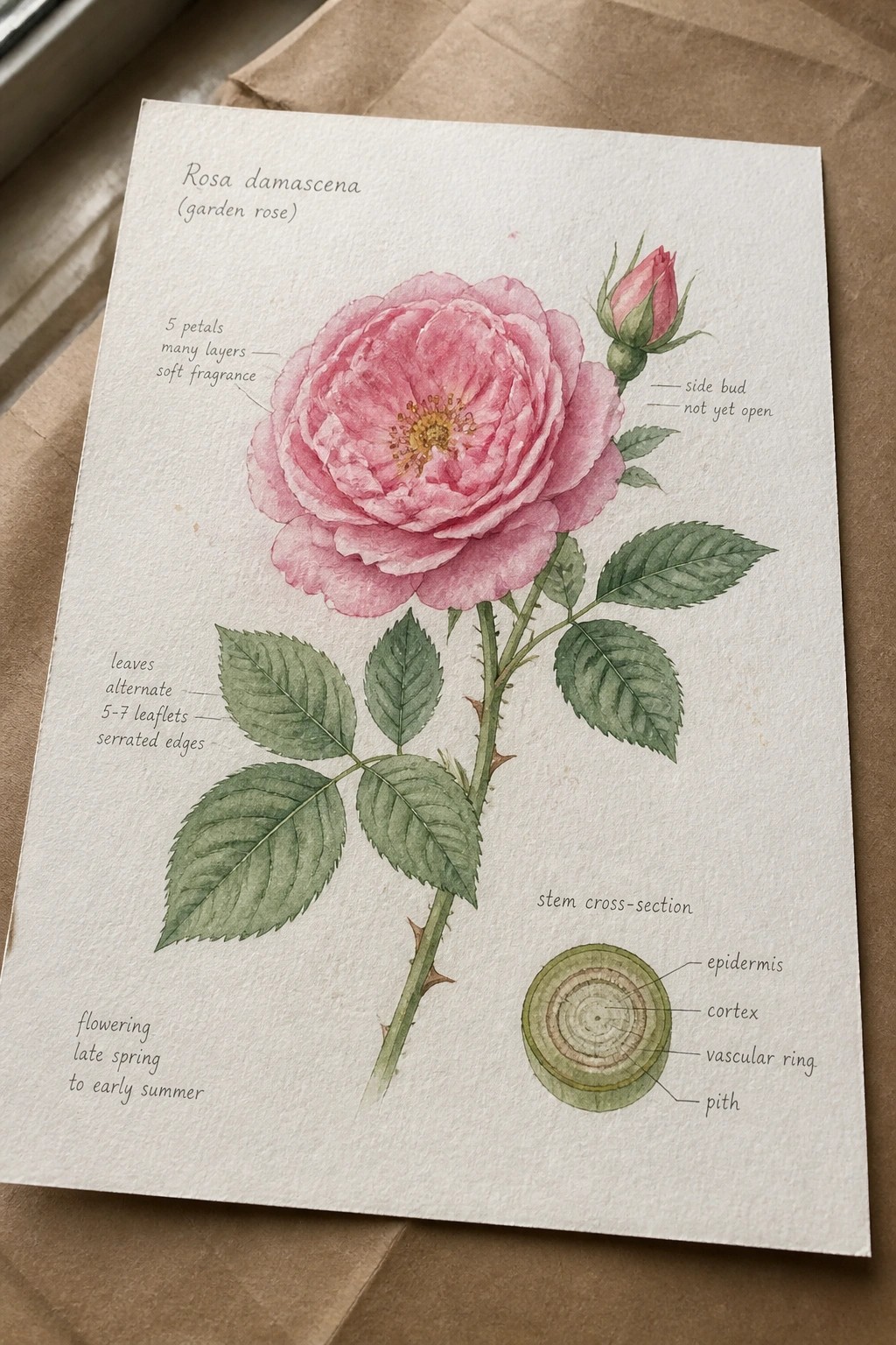 Watercolor botanical illustration of blooming pink Rosa damascena rose with labeled parts and stem cross-section.