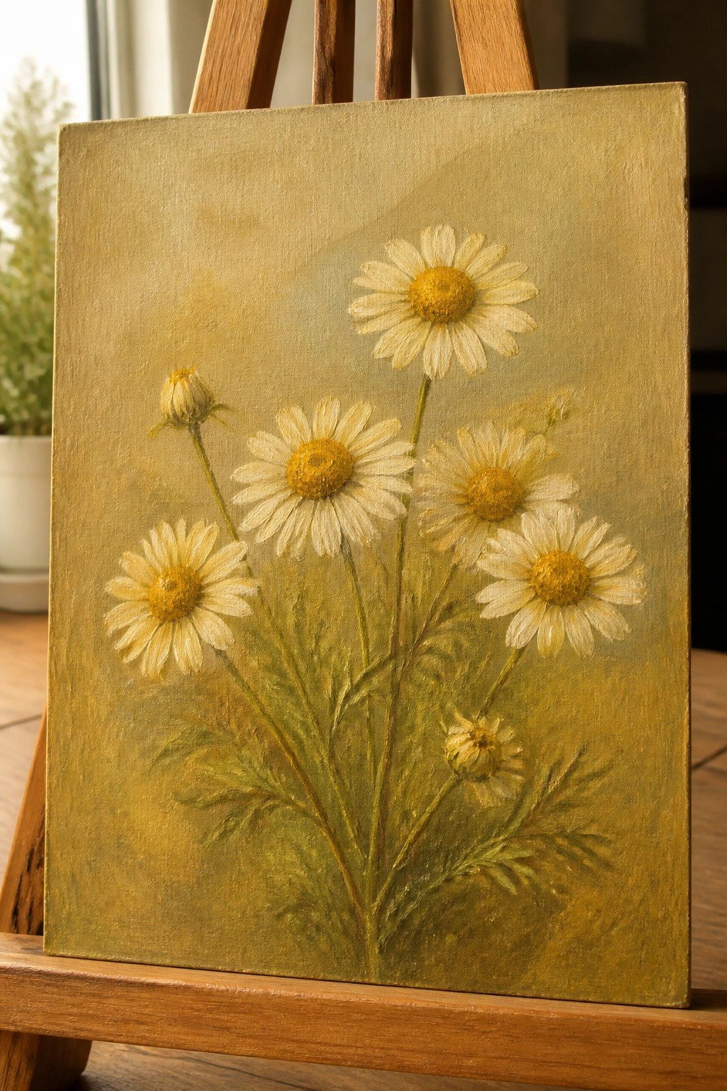 Oil painting of white daisies with yellow centers on wooden easel