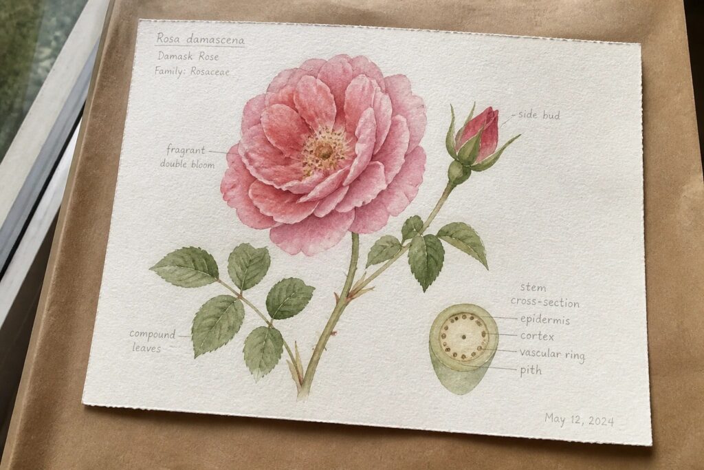 Watercolor botanical illustration of blooming pink Rosa damascena rose with labeled parts and stem cross-section.