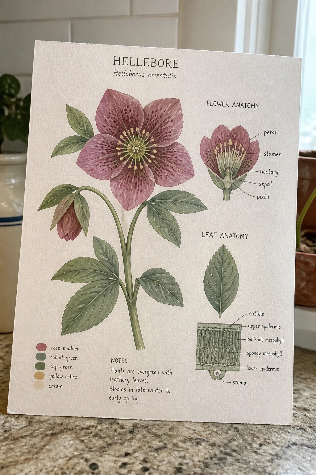 A botanical illustration of hellebore showing the full plant, a labeled flower cross-section, a leaf anatomy diagram, and a small color palette on the left.