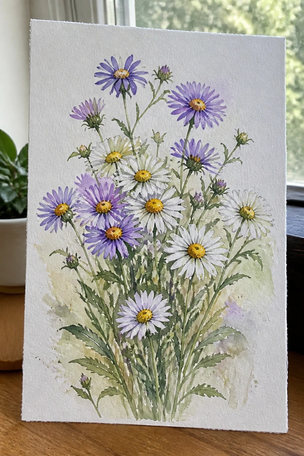 Watercolor painting of purple and white daisies with yellow centers and green leaves