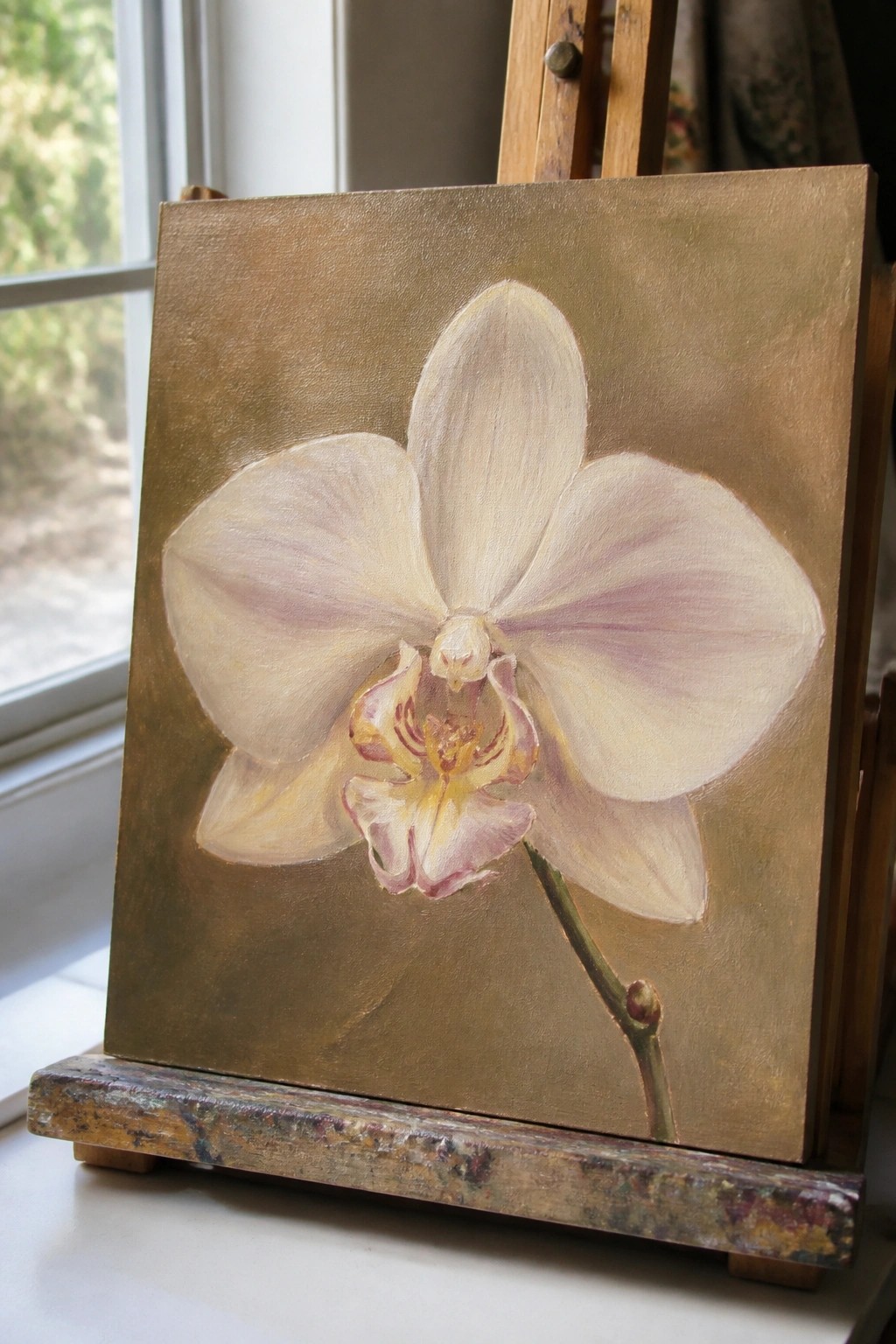 Pale orchid with pink-yellow center painted on gold canvas on wooden easel