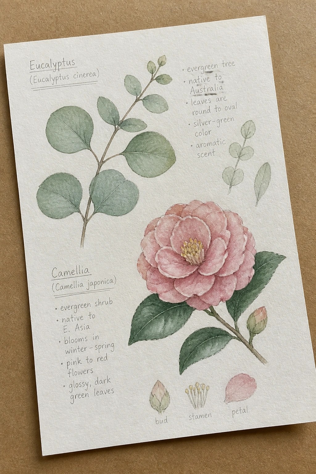 Watercolor botanical illustration of eucalyptus branches and pink camellia flower with labels.