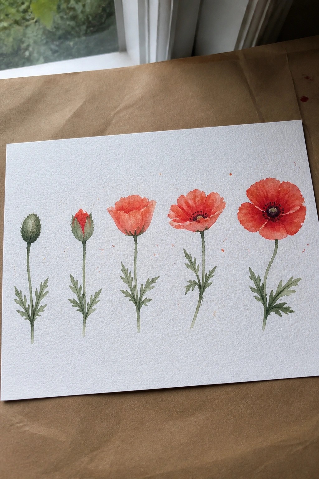 Watercolor painting of five red poppies progressing from bud to full bloom on white paper.