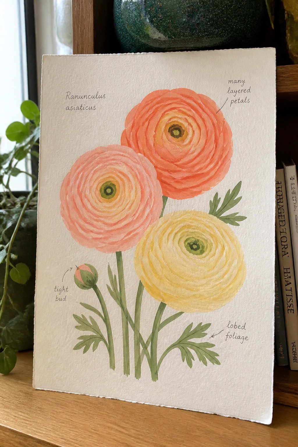 Watercolor painting of pink and yellow ranunculus flowers with botanical labels on paper.