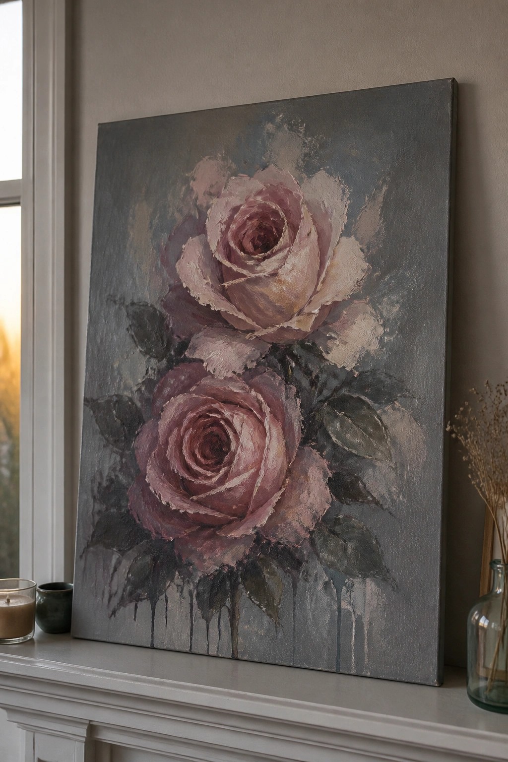 Two pink roses oil painting on gray canvas above mantel with candle and vase.