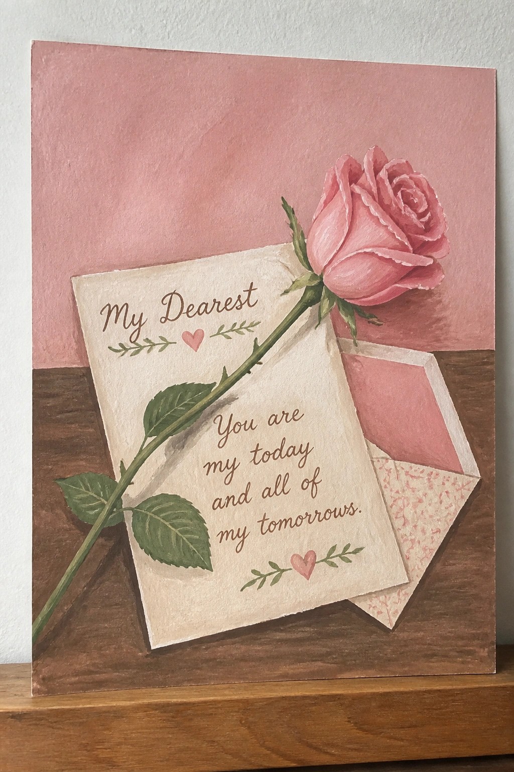 Pink rose atop handwritten love letter beside open pink envelope on wood