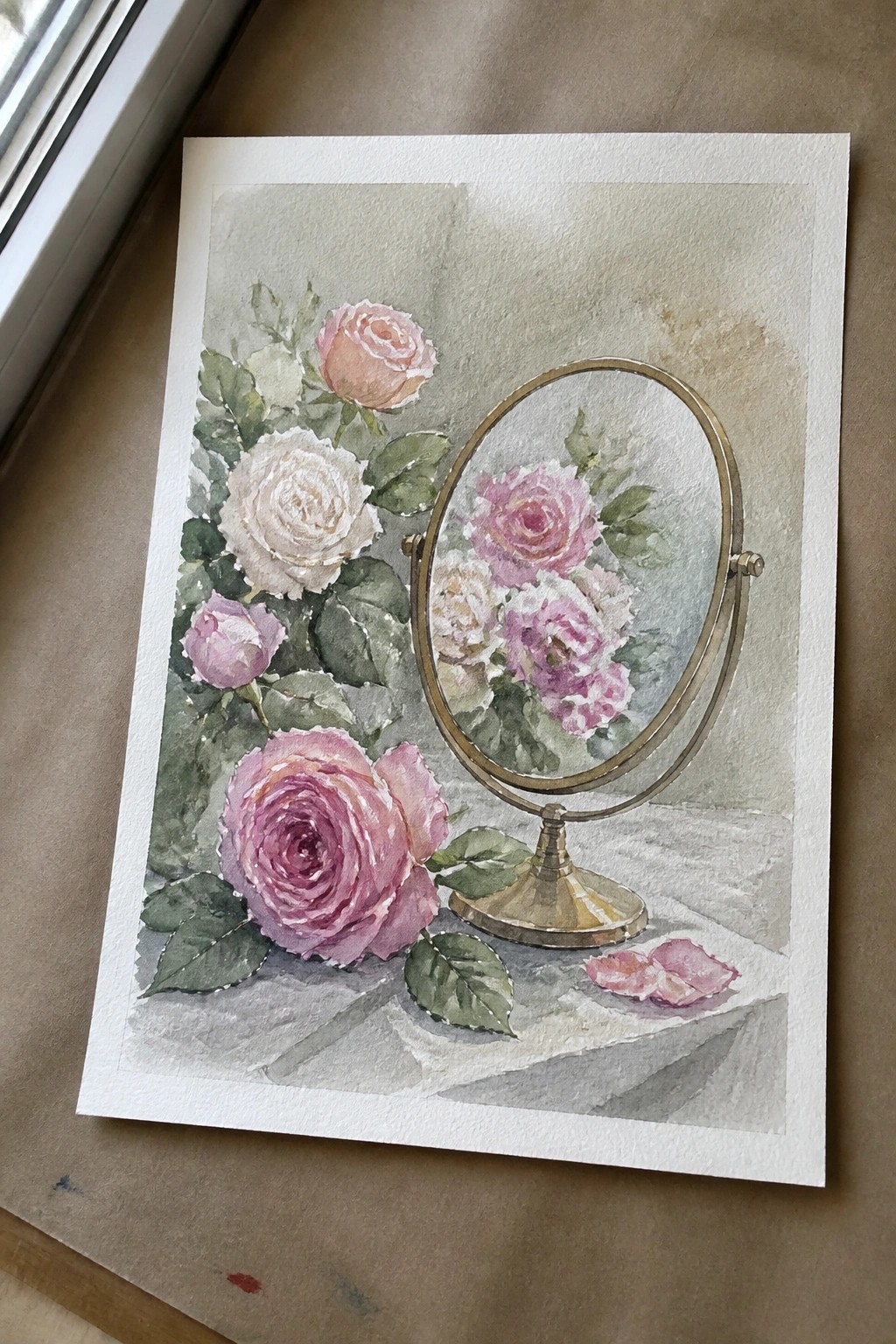 Watercolor still life of pink roses beside an oval gold-framed vanity mirror with petals.