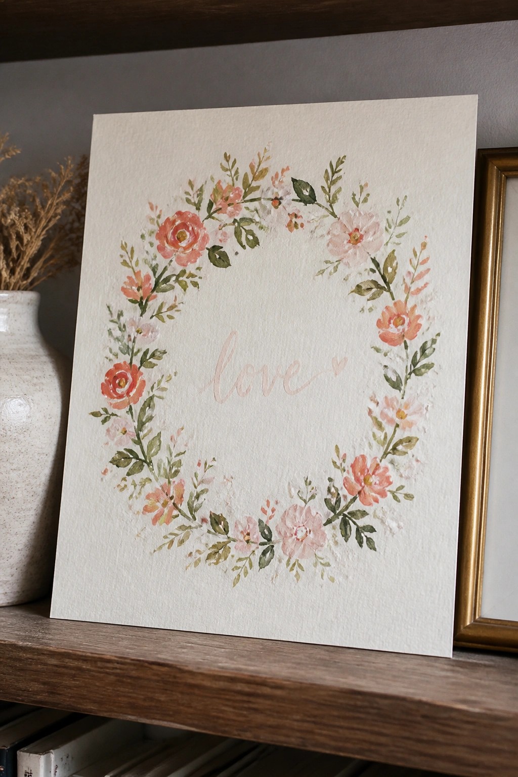 A watercolor painting of a floral wreath with pink and coral roses surrounding the word love on white paper resting on a wooden shelf.