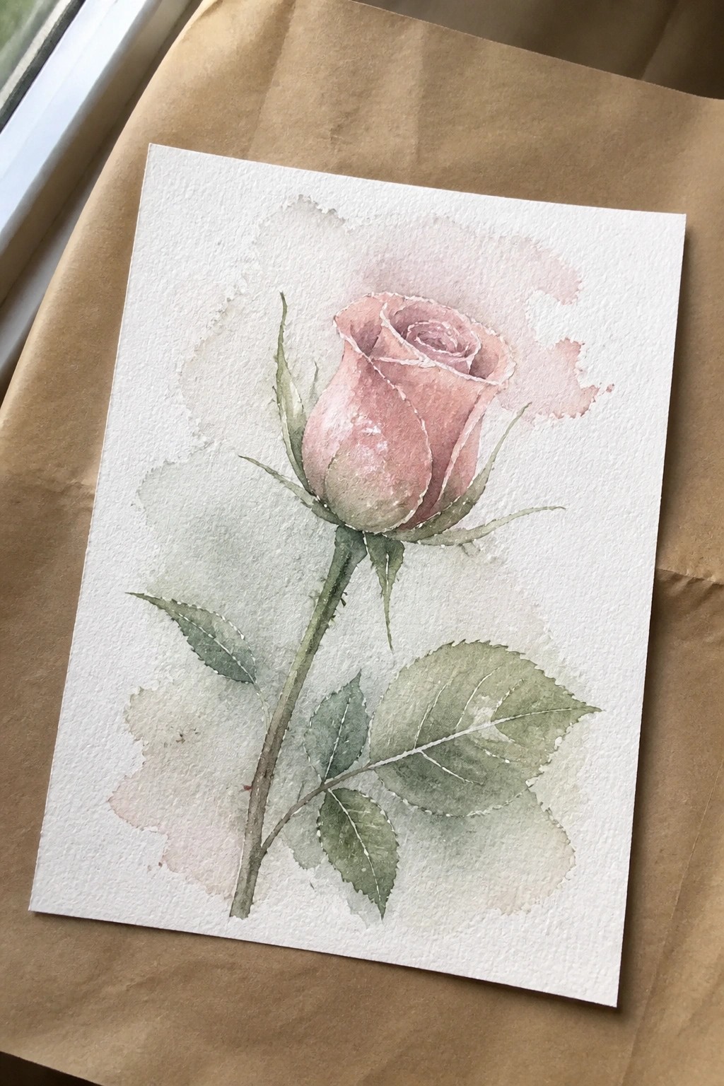 Watercolor painting of pink rose with green leaves on white paper over brown surface