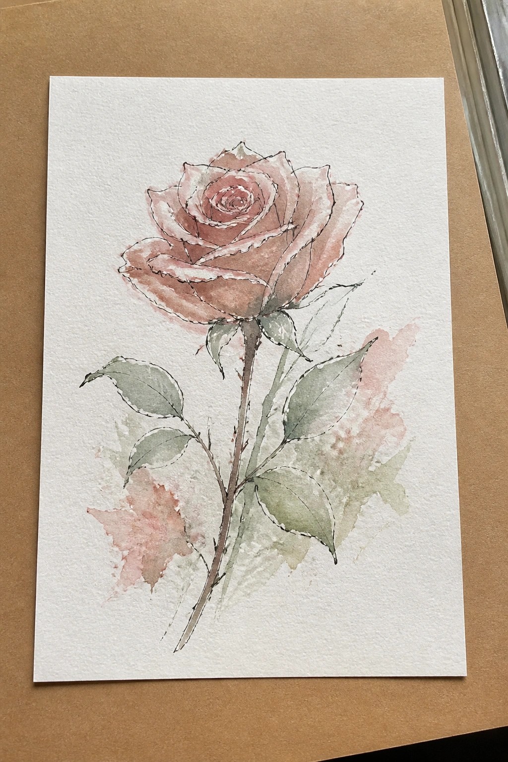 Watercolor painting of pink rose with green leaves on white paper with splashes