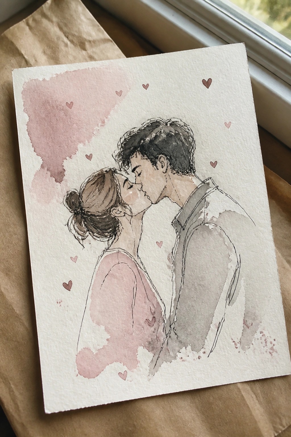 Watercolor illustration of couple kissing amid scattered pink hearts on paper
