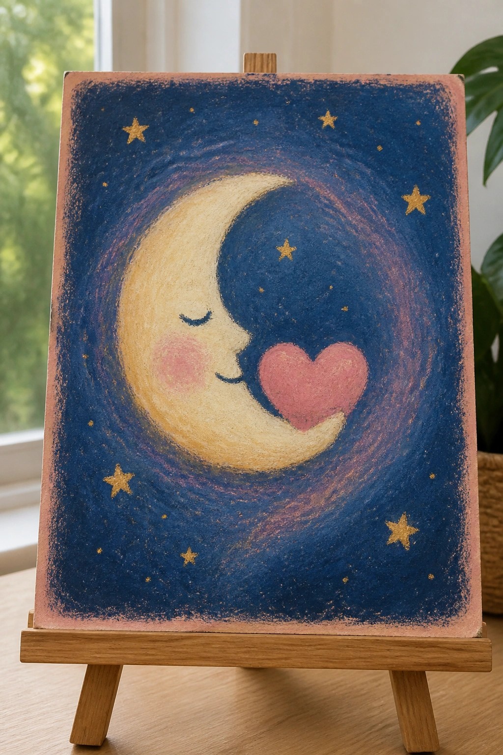 Pastel painting on wooden easel shows crescent moon face with pink heart and gold stars