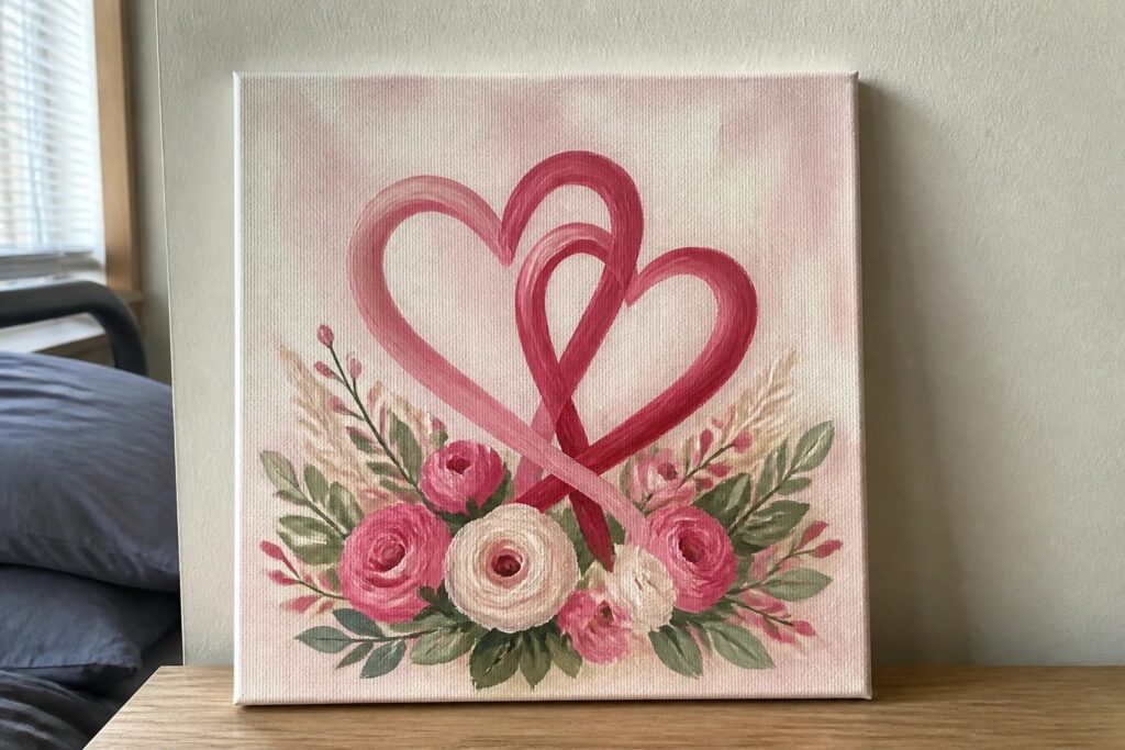20 Romantic Valentine Canvas Painting Ideas for Sweet Handmade Gifts Pink canvas with intertwined hearts and floral bouquet on wooden dresser