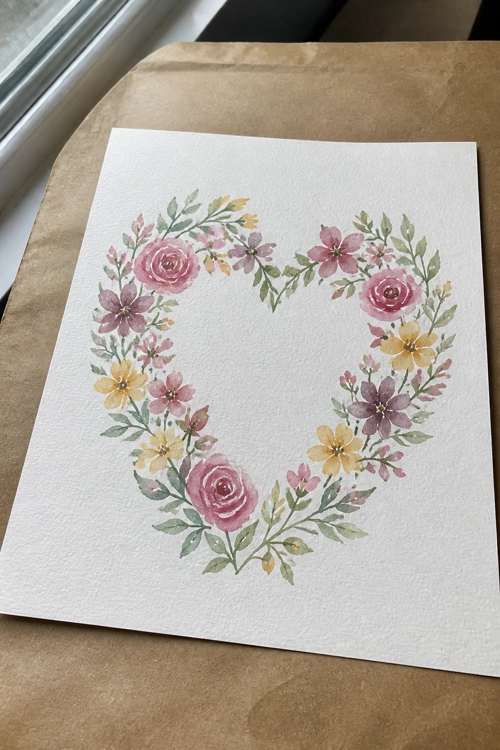 Watercolor heart wreath with pink roses, yellow flowers, and green leaves on white paper