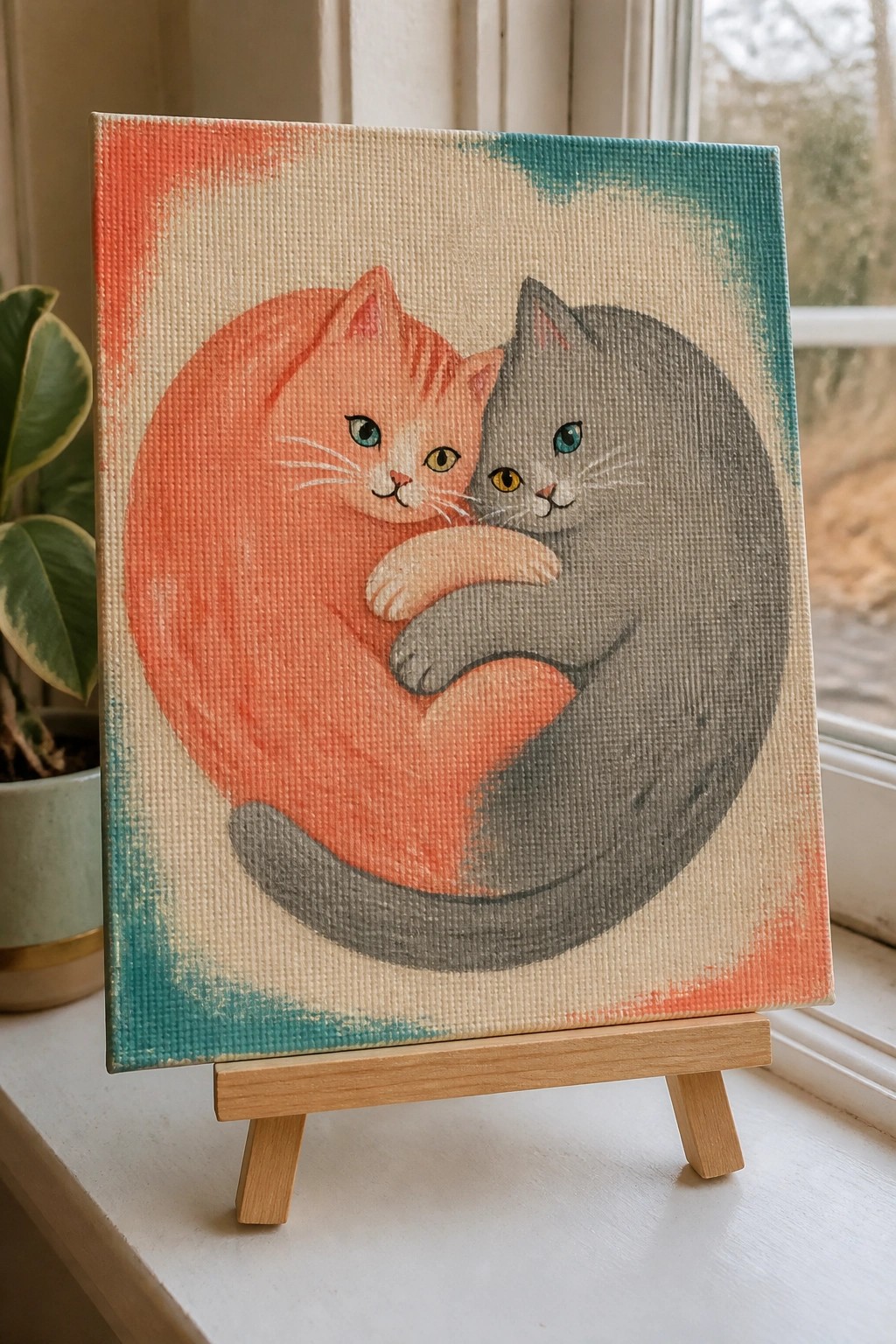 A canvas painting of an orange cat and a gray cat curled together to form a heart shape against a beige background with red and teal edges.