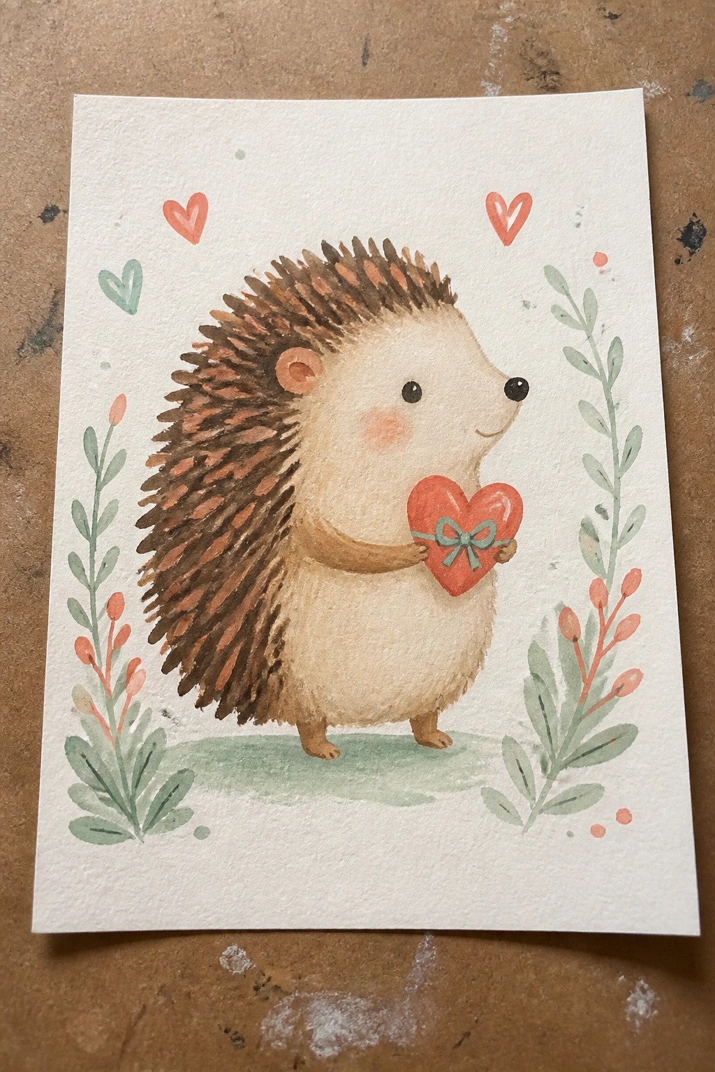 Watercolor hedgehog holding red heart with bow, amid hearts and leafy branches