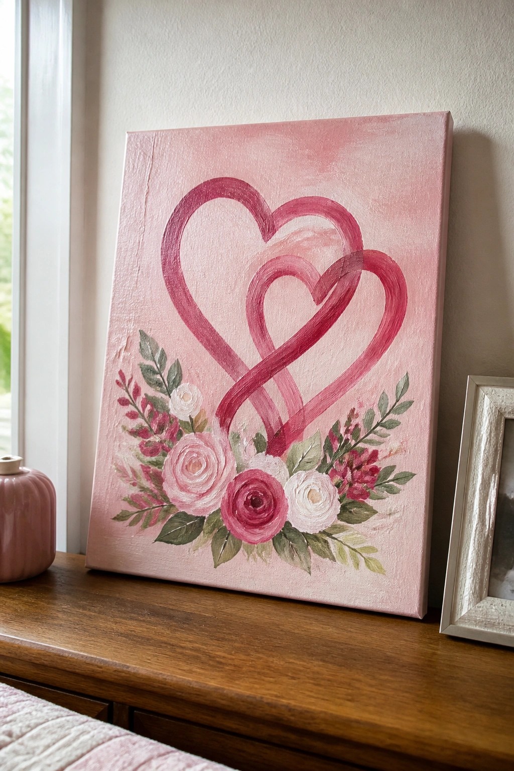 Pink canvas with intertwined hearts and floral bouquet on wooden dresser