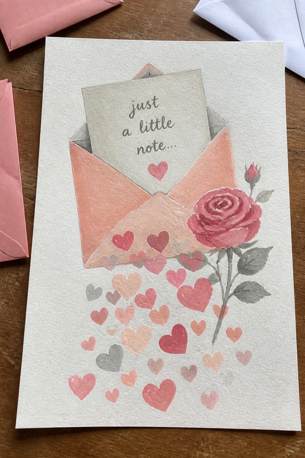 Watercolor card of open pink envelope with spilling hearts, rose, and note on wood