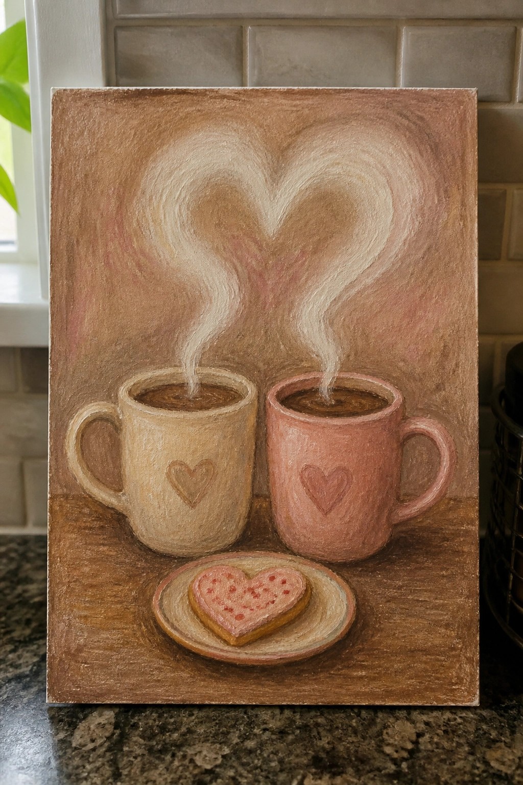 Beige and pink heart mugs with rising steam forming a heart above a heart cookie