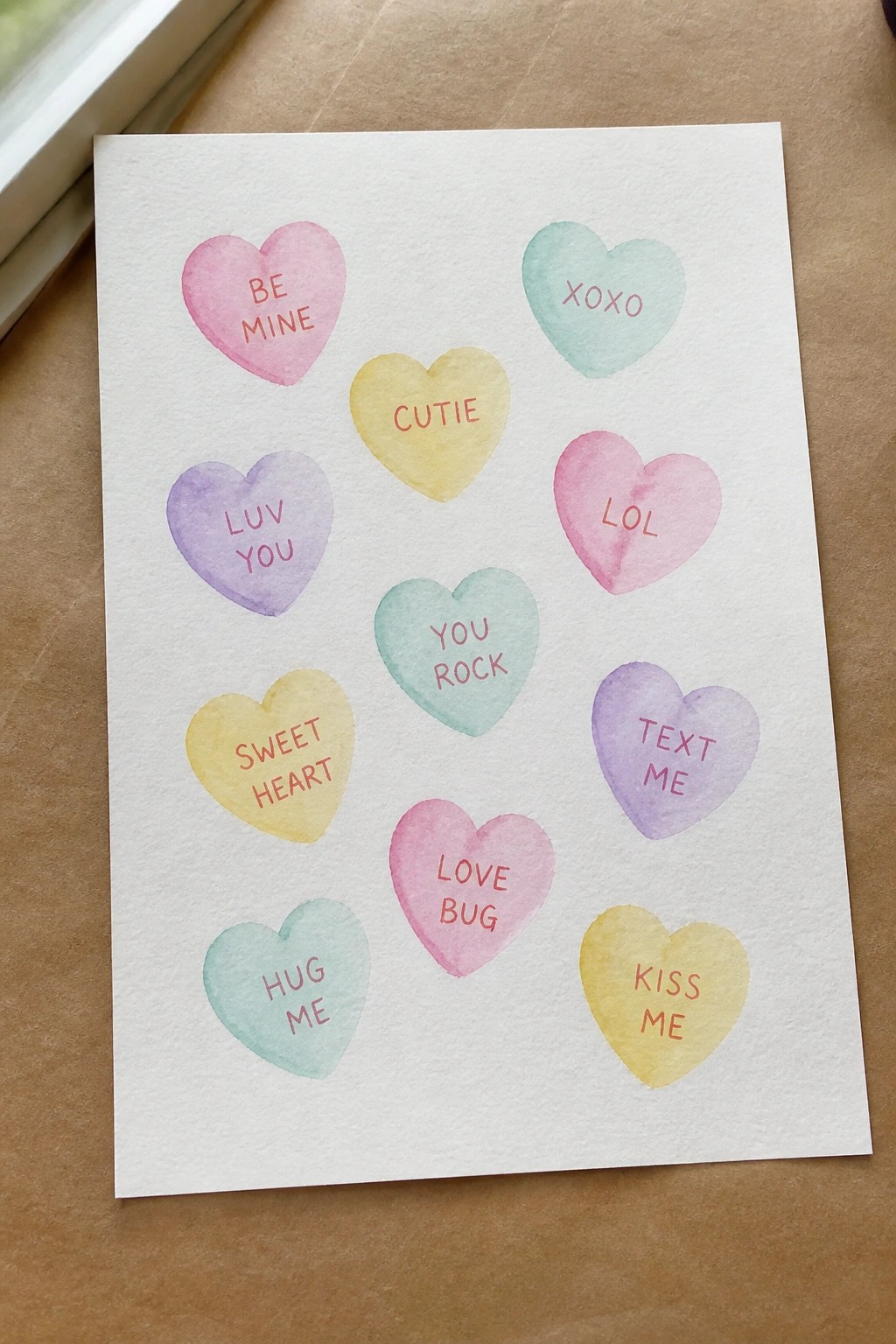 Pastel watercolor hearts with messages scattered across white paper on brown surface.