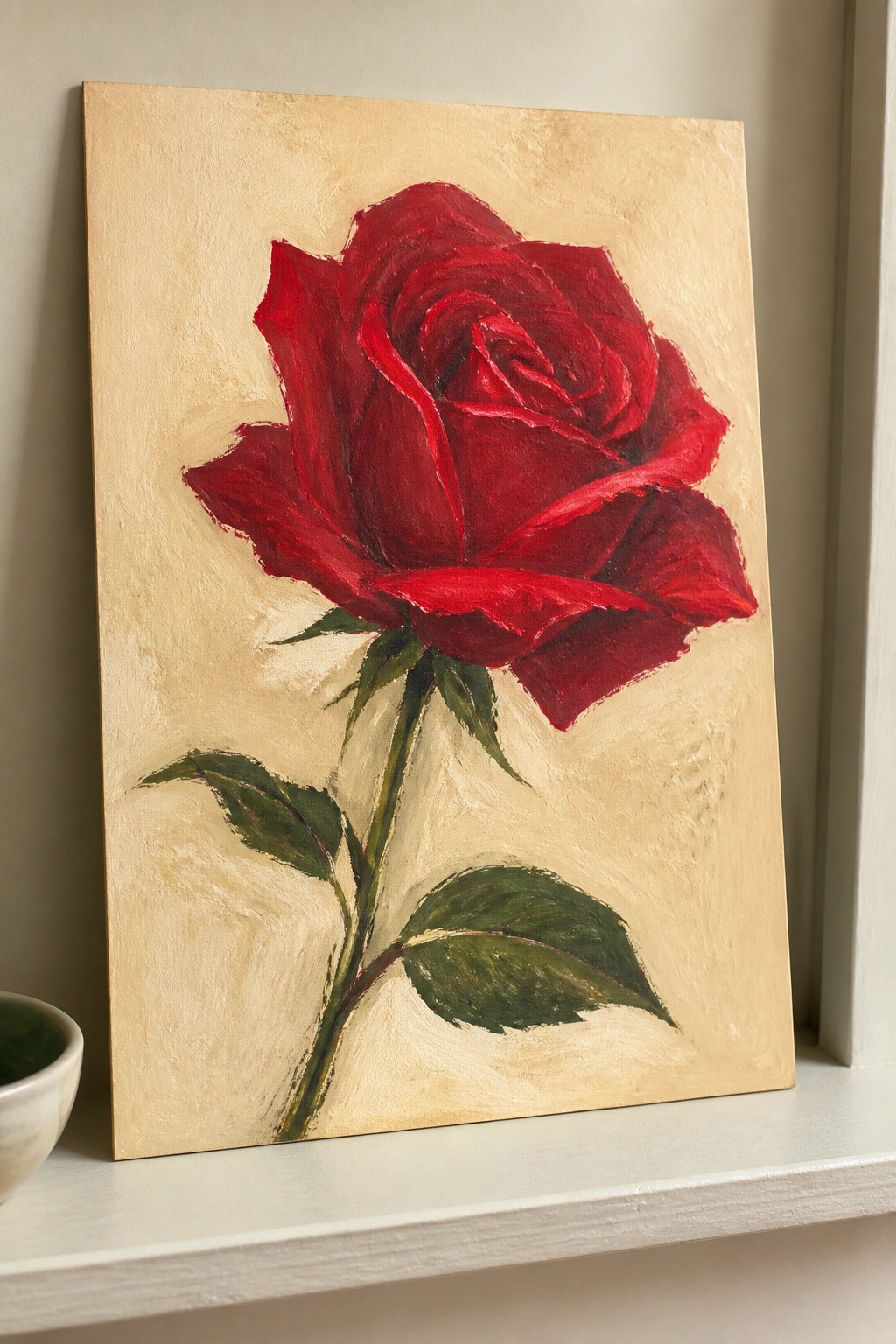 Red rose painting on canvas displayed on white shelf with beige background