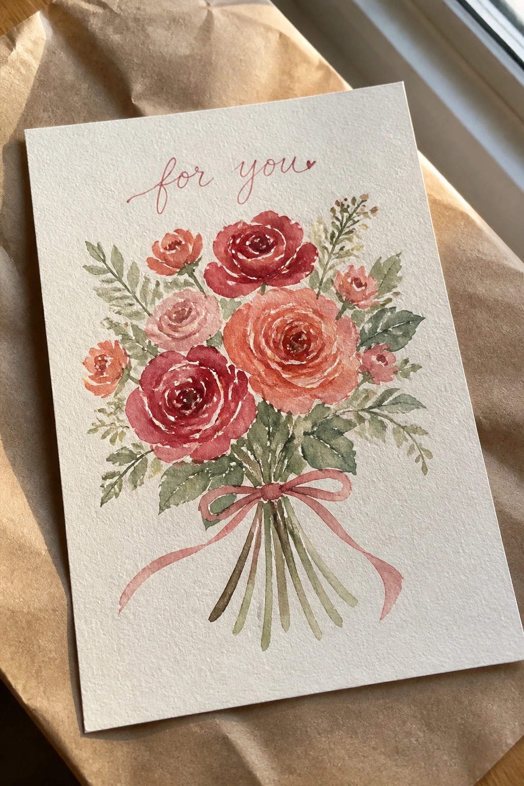 Watercolor card with red-pink rose bouquet, pink ribbon, and