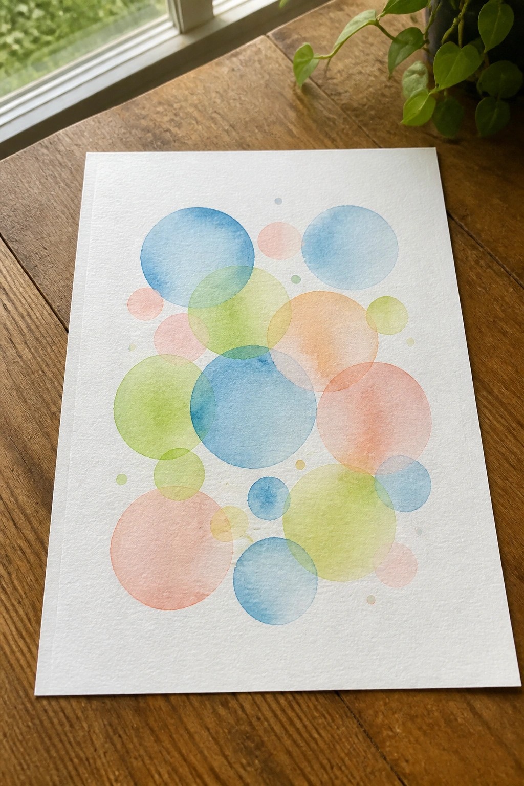 Watercolor painting of overlapping translucent circles in blue green orange pink on paper