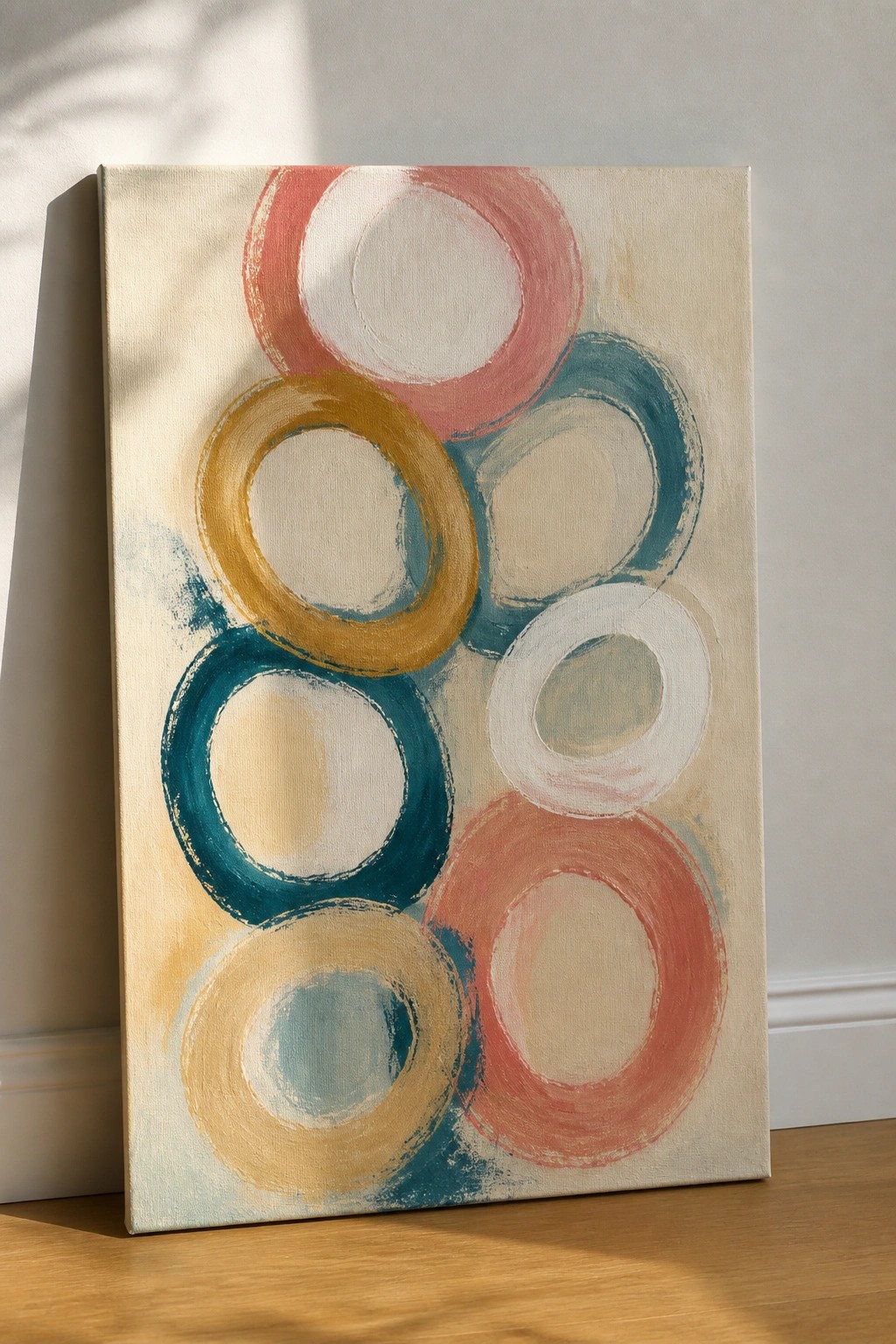 Abstract canvas with overlapping circles in coral, teal, and mustard yellow leaning on wall.