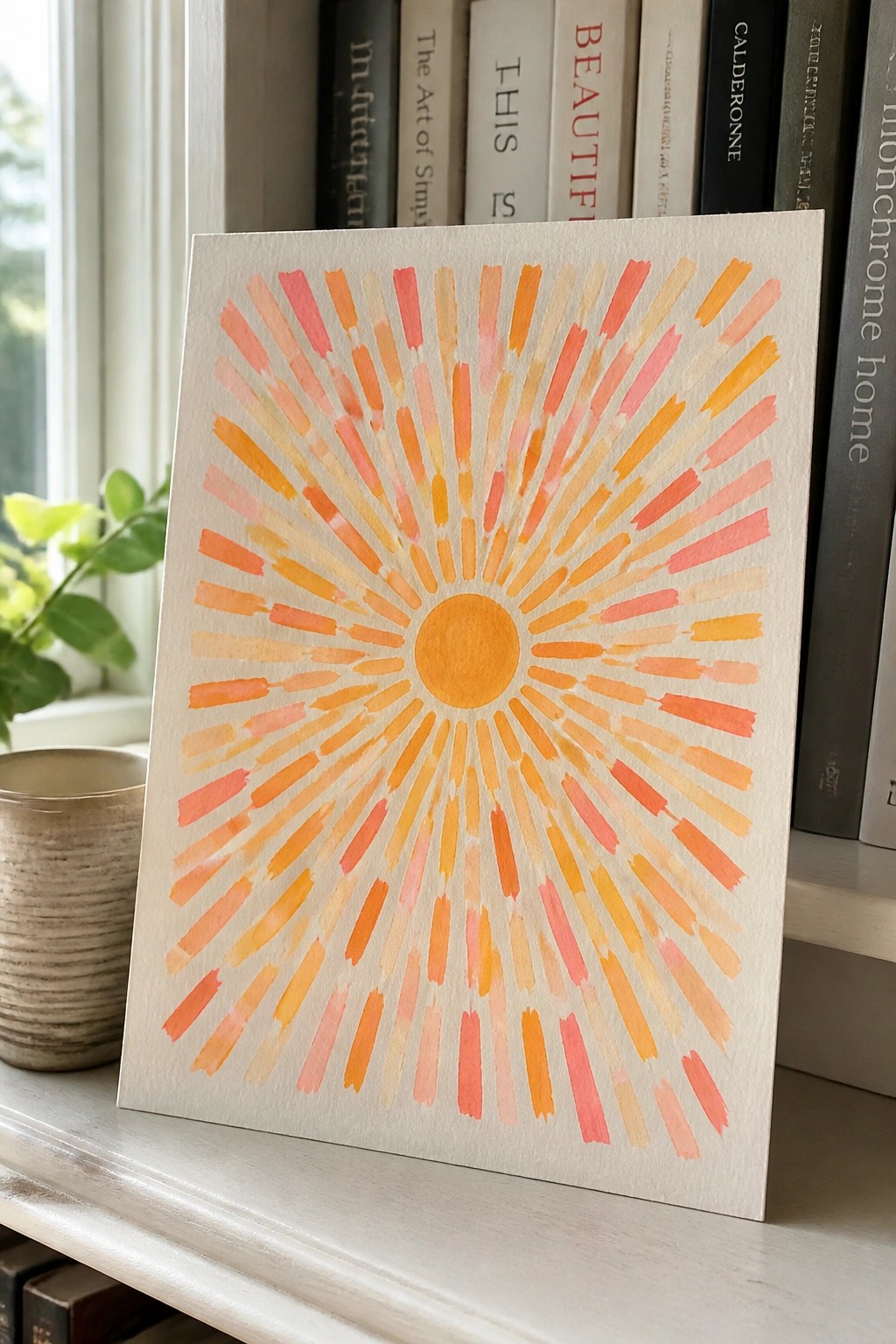 Watercolor sunburst painting with orange and pink rays on a windowsill beside books