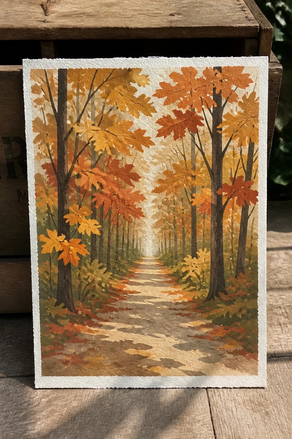 Watercolor painting of winding path through autumn trees with orange and yellow leaves