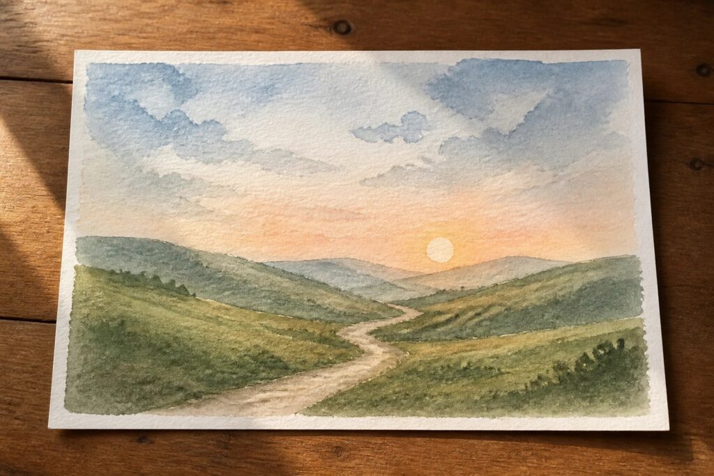 Watercolor of winding path through rolling green hills under orange sunset sky.
