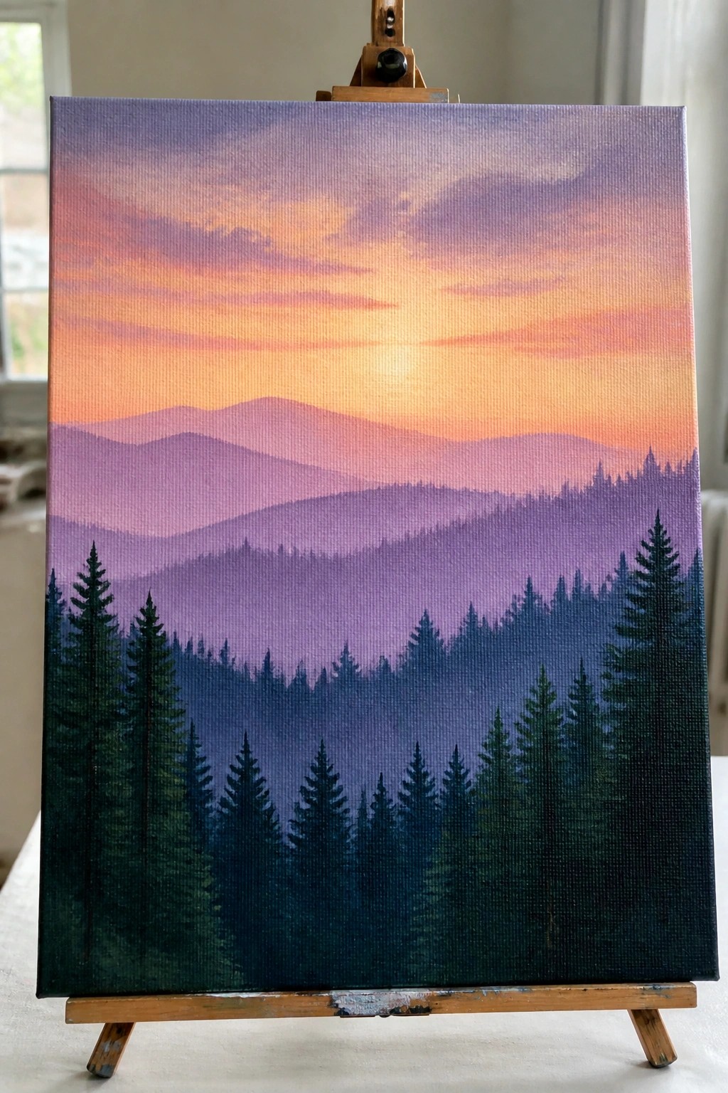 Painting on easel of sunset over purple mountains with pine forest foreground.
