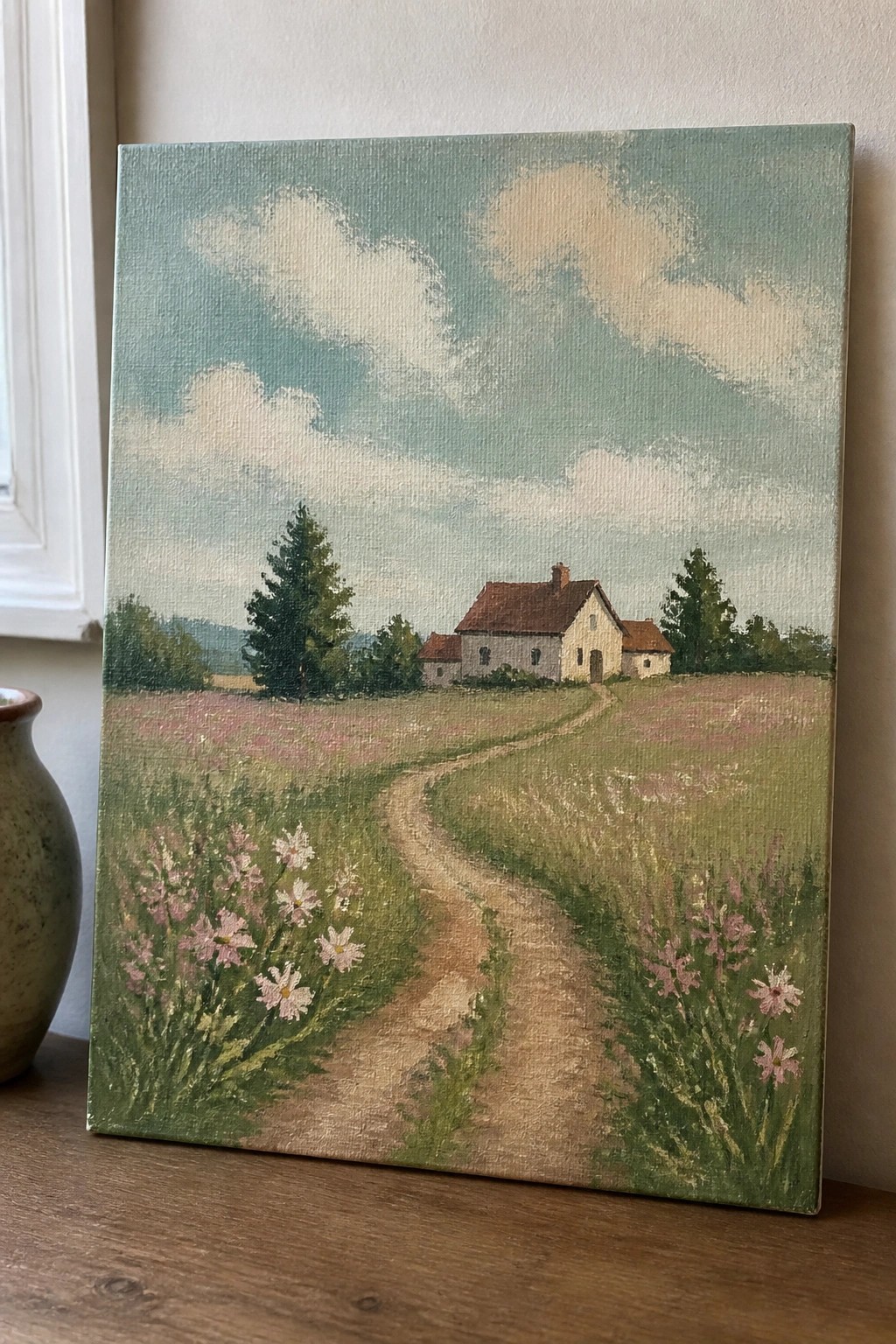Winding dirt path through pink wildflowers leads to red-roofed farmhouse under cloudy sky.
