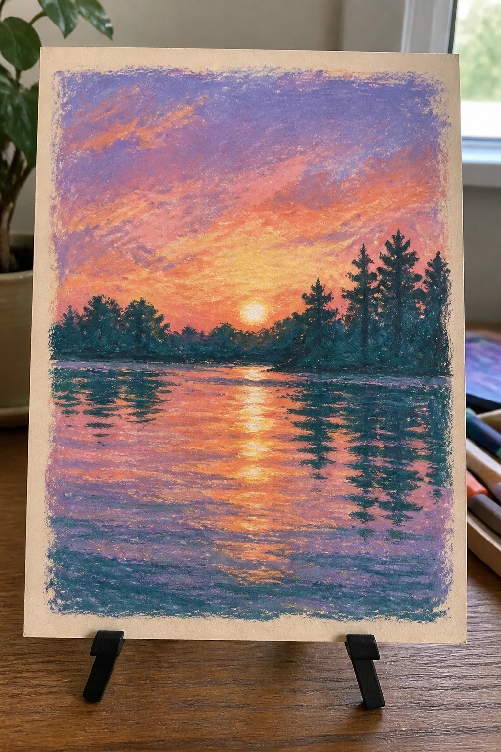 Vibrant pastel sunset over lake with silhouetted pines and glowing orange water reflection