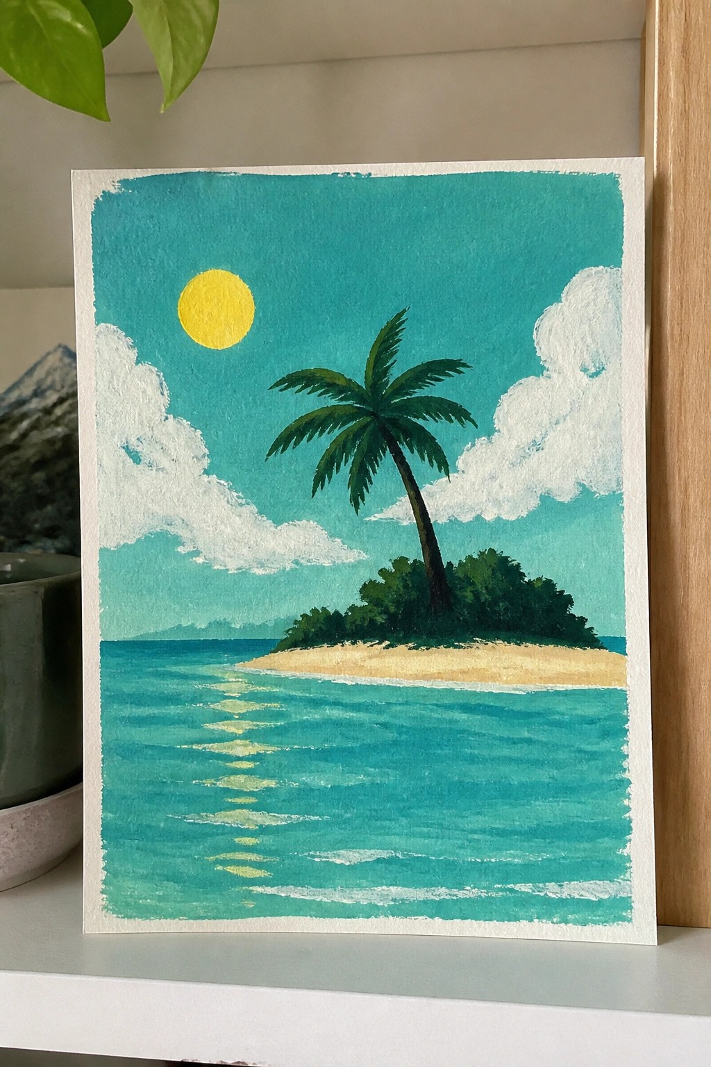 Vibrant painting of palm tree on sandy island in turquoise sea under yellow sun.