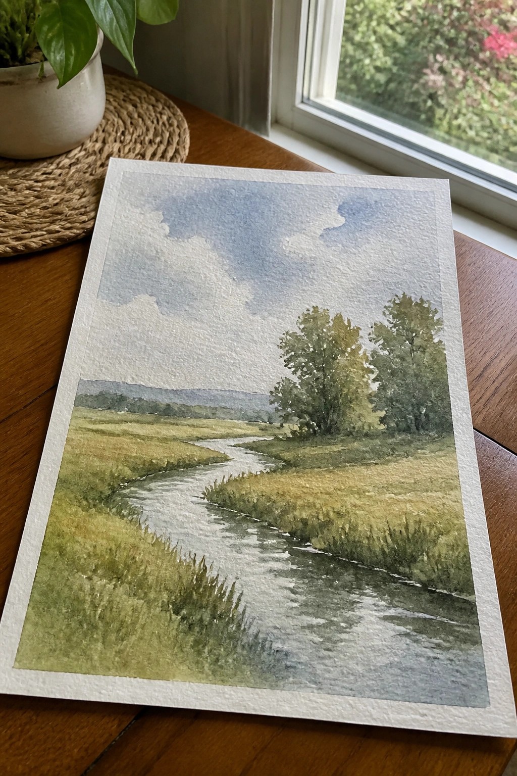 Watercolor landscape of winding stream through green fields and trees on wooden table by window.