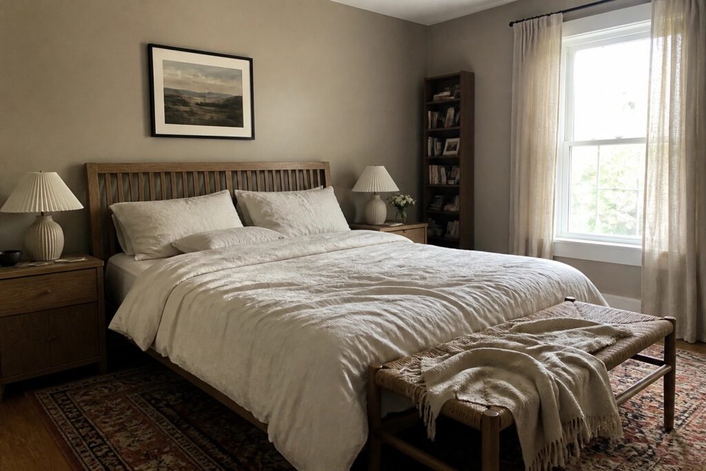20 Soft Neutral Paint Colors That Add Depth Without Closing In the Room Bedroom with soft warm beige walls and oak furniture.