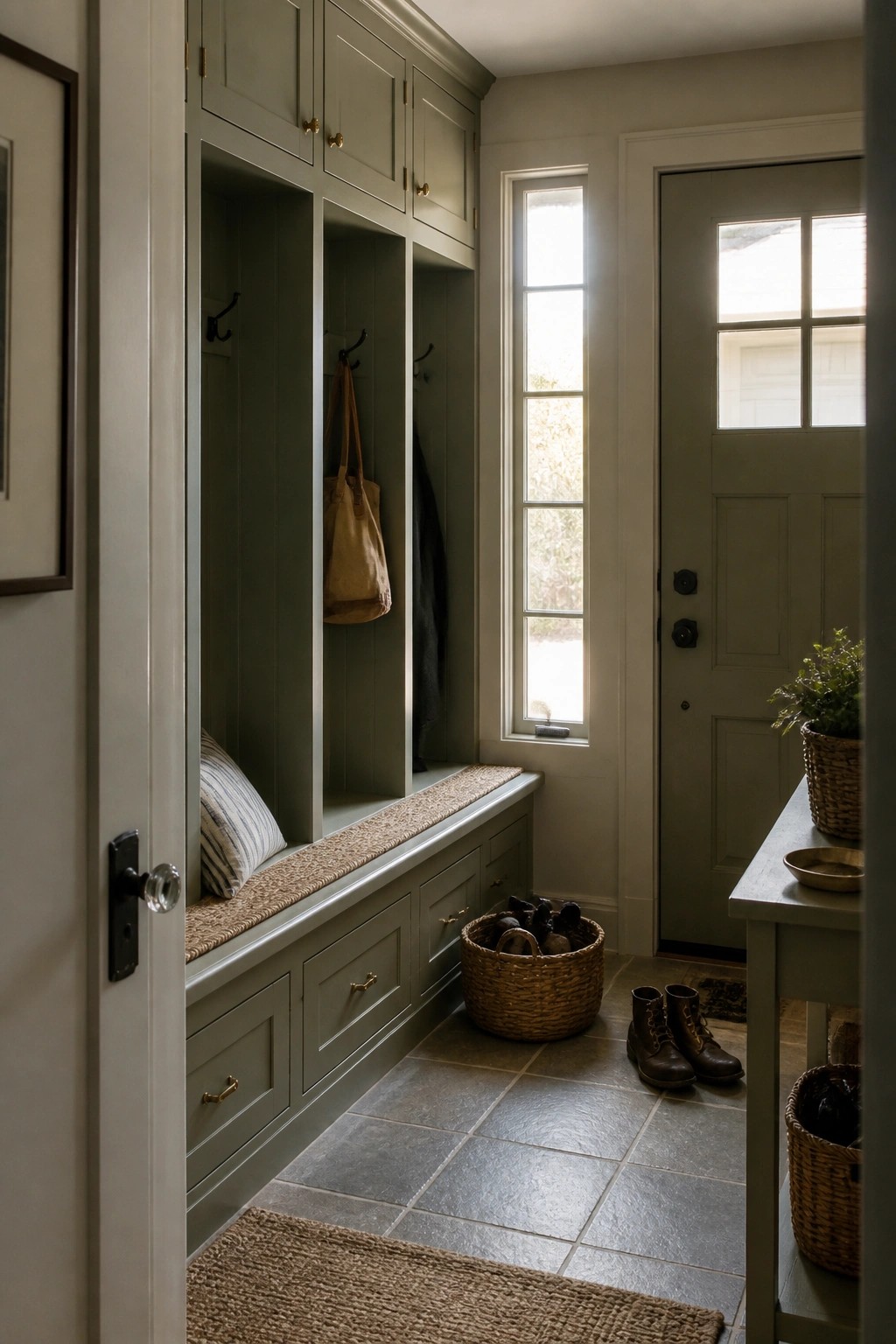 Green built-in mudroom bench with hooks, tote bag, baskets, and boots on tile.