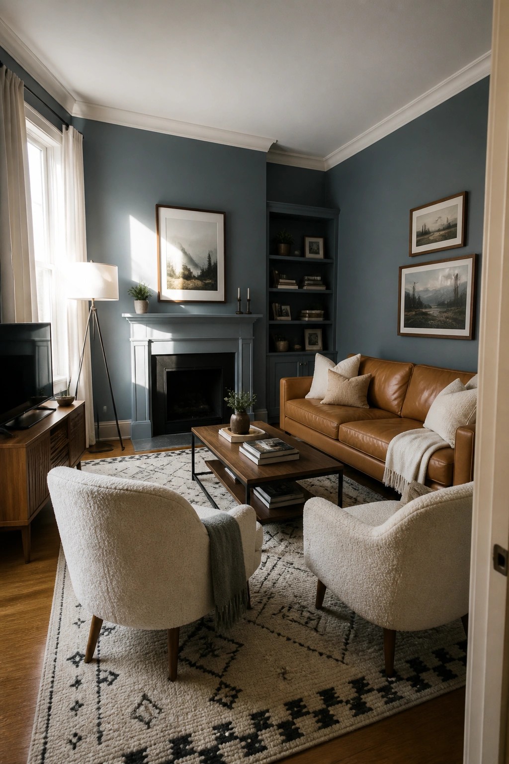 Cozy living room with blue walls, brown leather sofa, white armchairs, and fireplace.