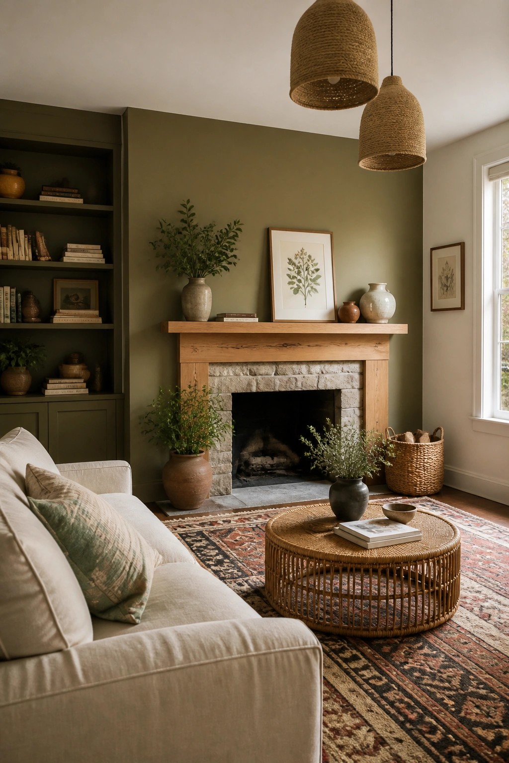 Cozy living room with stone fireplace, green walls, white sofa, and woven accents.