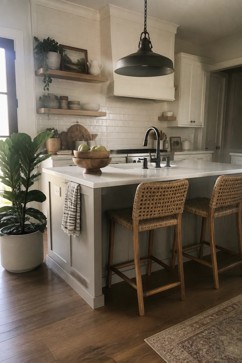 Modern kitchen island with marble top, woven bar stools, and black pendant light