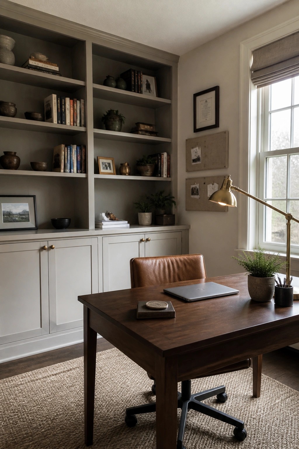 Built-in bookshelves and lower cabinets painted in a soft greige neutral in a home office.