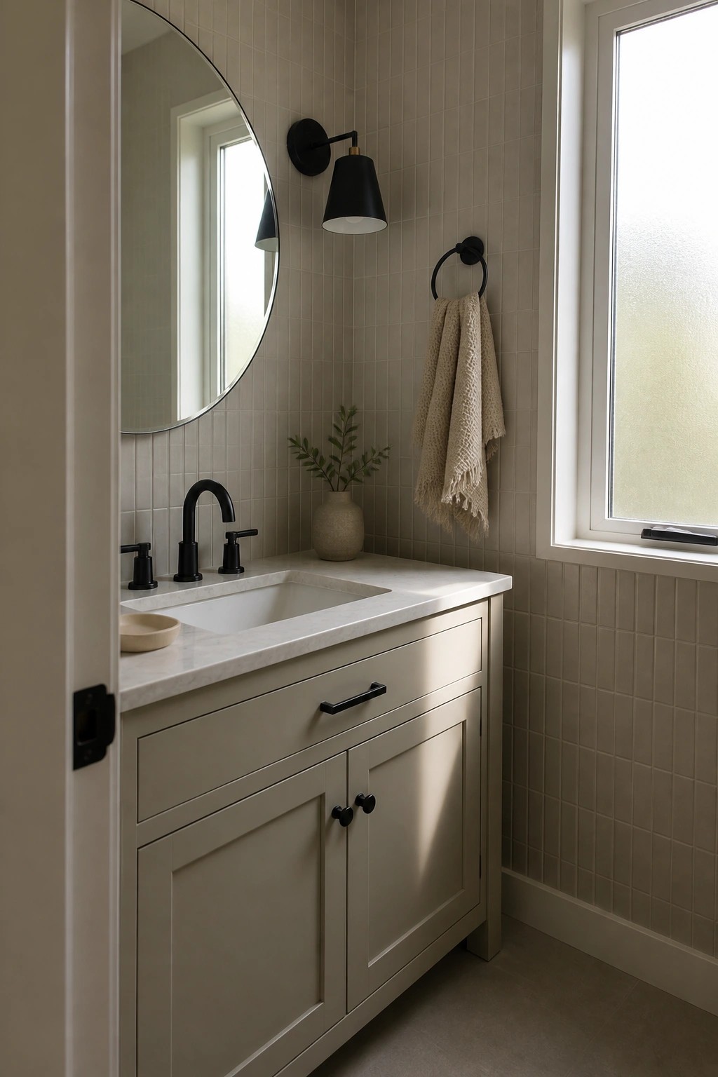 Soft greige vanity cabinet in a small bathroom with white marble top and light tile walls.