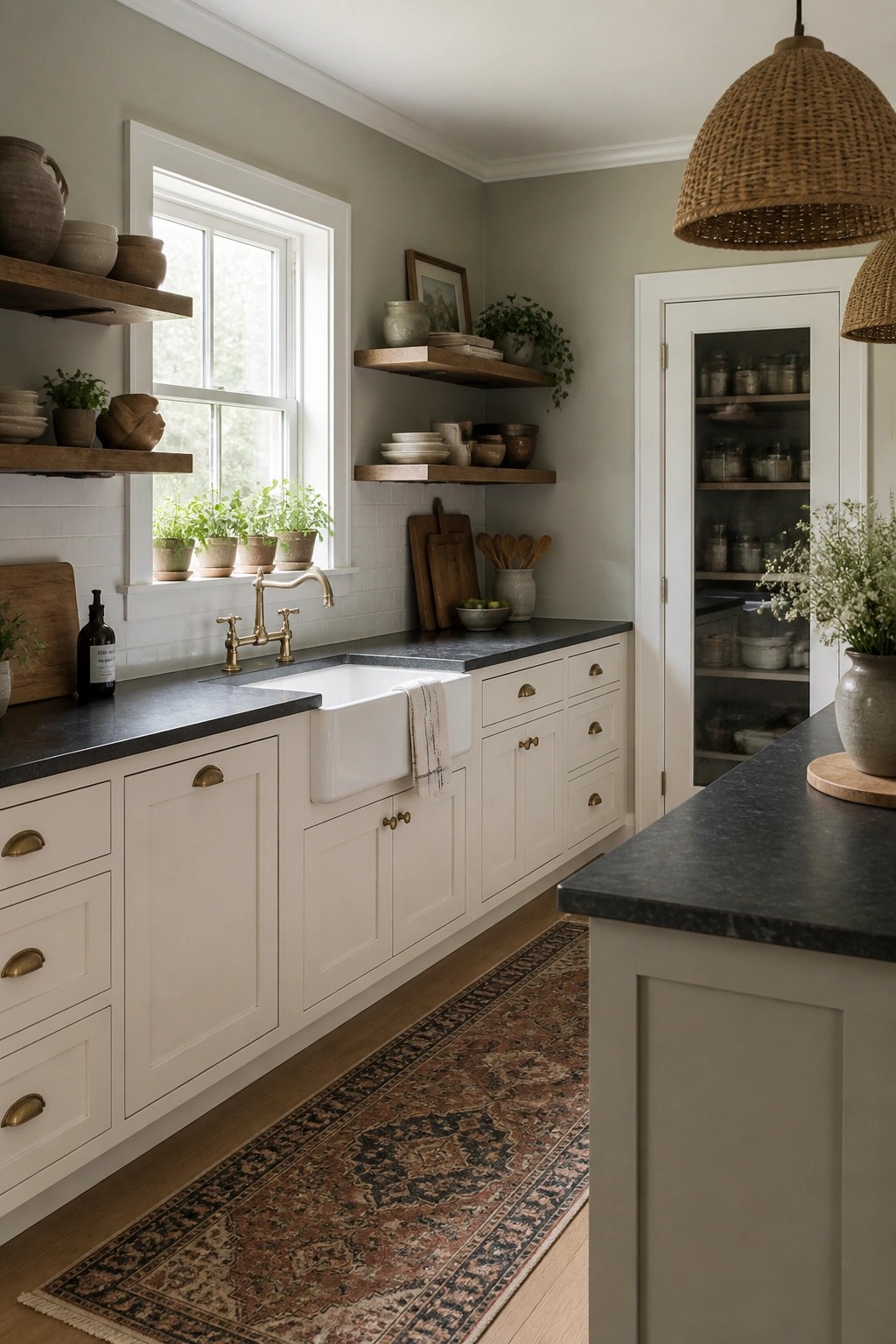 A kitchen with soft greige walls, white cabinets, and dark countertops.