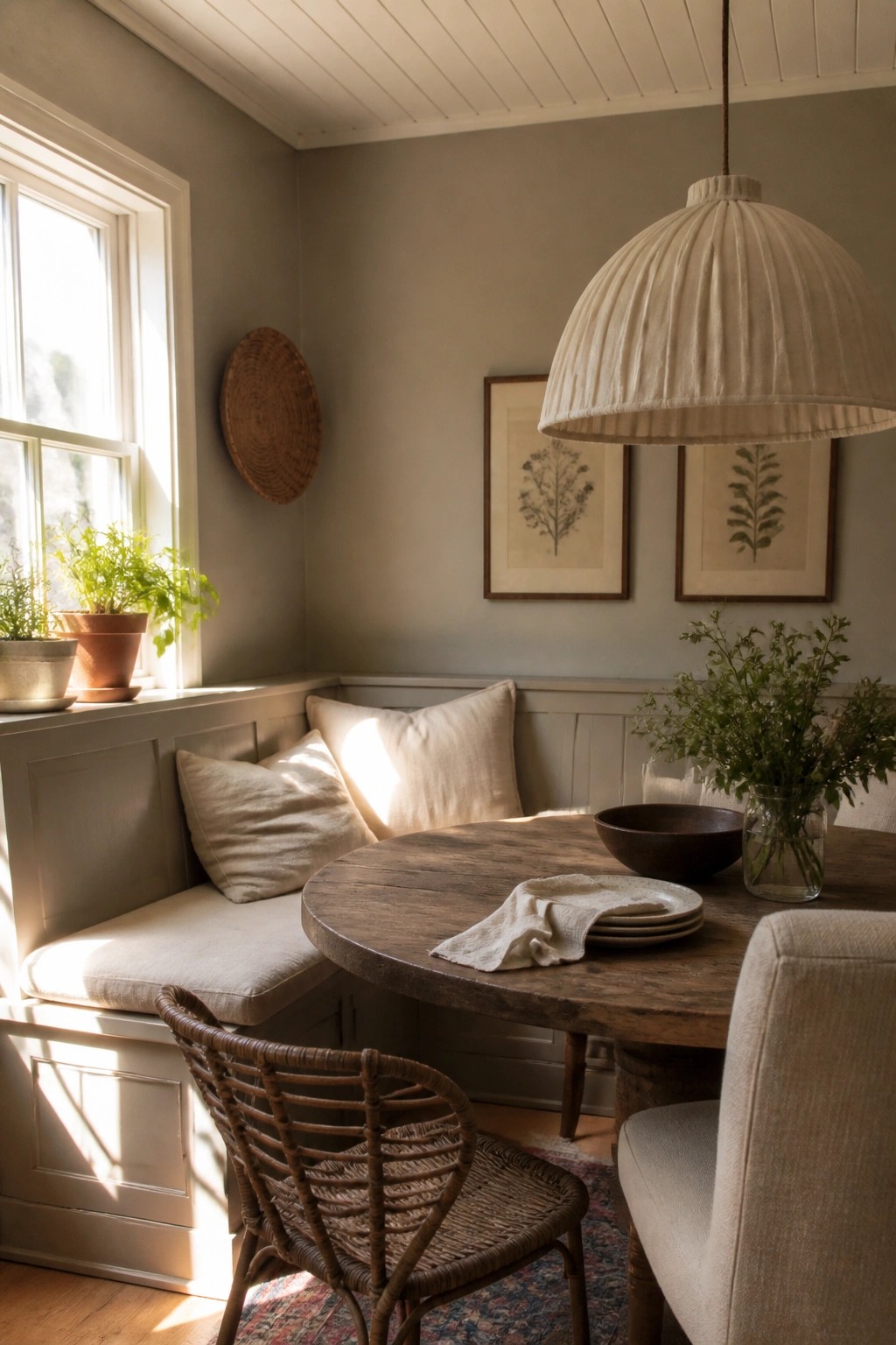 Soft sage gray walls and built-in bench in a sunlit dining nook with wood table and woven chair.