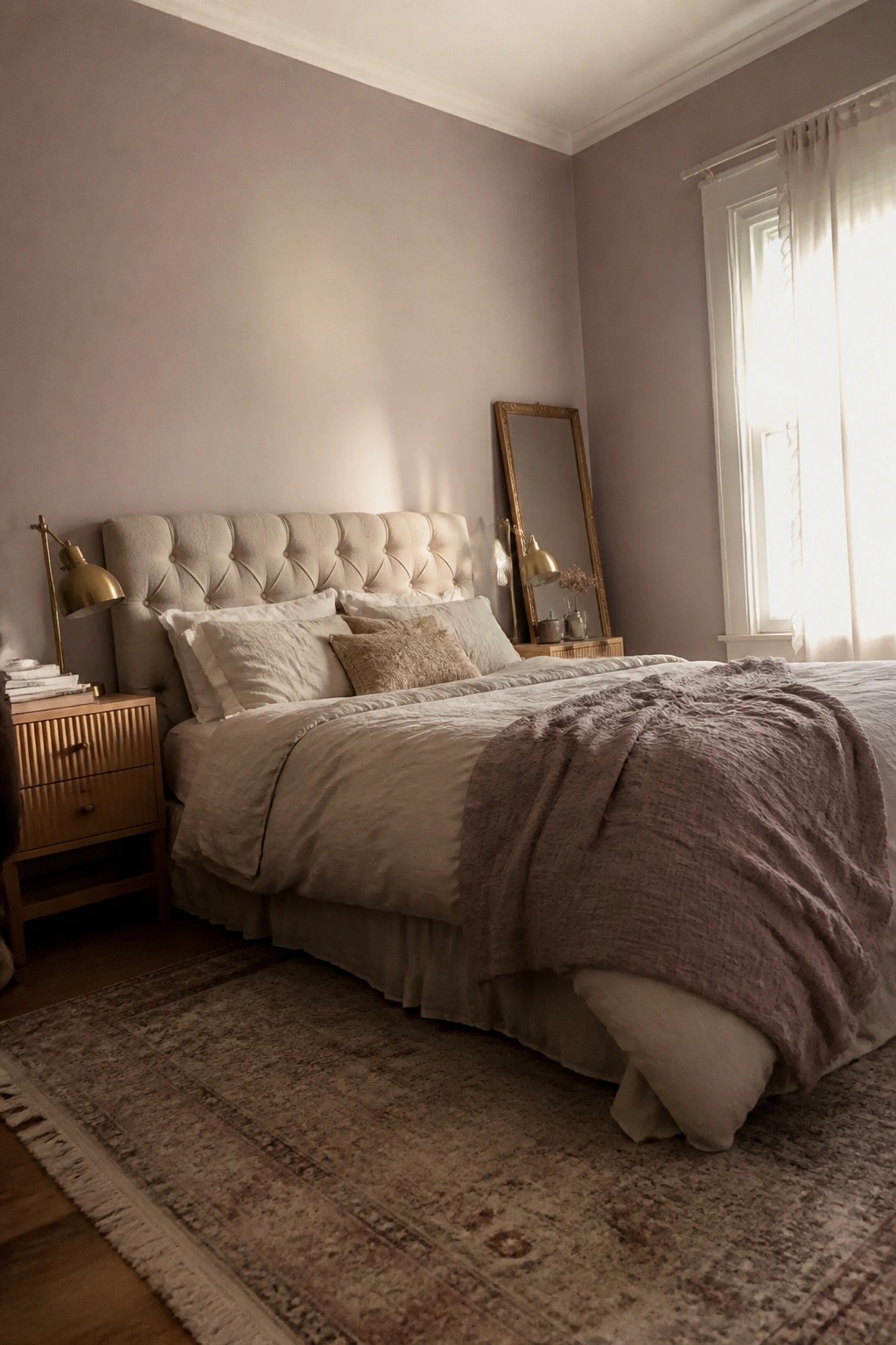 Bedroom walls painted in a soft warm neutral with a wood nightstand nearby.